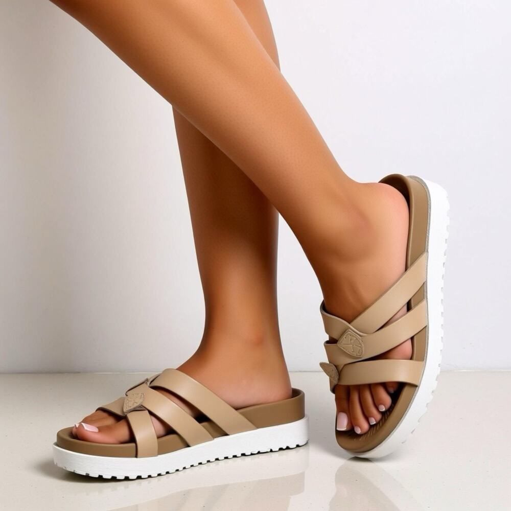 New KUAILU Women 6 Sandals Arch Support Comfort Beige White SlipOn Lightweight
